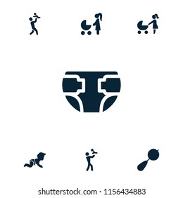 Infant icon. collection of 7 infant filled icons such as beanbag, woman with baby carriage, father with baby, diaper. editable infant icons for web and mobile.