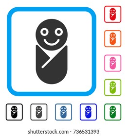Infant icon. Flat gray pictogram symbol inside a light blue rounded squared frame. Black, gray, green, blue, red, orange color versions of Infant vector. Designed for web and app user interface.