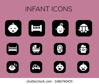 infant icon set. 12 filled infant icons.  Simple modern icons such as: Baby, Cot, Baby boy, Crib, Stroller, Buggy, Carriage, Feeding bottle