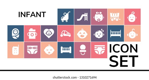 infant icon set. 19 filled infant icons.  Simple modern icons about  - Stroller, Baby, Baby monitor, Diapers, Crib, Dummy, Diaper, Feeding bottle, Buggy, Cot, Baby boy, Toboggan