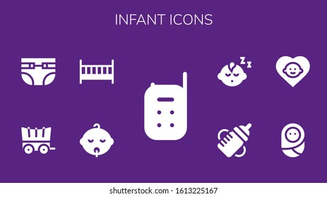 infant icon set. 9 filled infant icons. Included Baby monitor, Baby, Cot, Carriage, Diapers, Feeding bottle, Baby boy icons