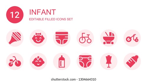 infant icon set. Collection of 12 filled infant icons included Nasal aspirator, Baby, Diaper, Tricycle, Baby carriage, Baby boy, Feeding bottle, Dummy, bottle