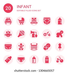 infant icon set. Collection of 20 filled infant icons included Safety car, Stroller, Carriage, Diaper, Feeding bottle, Baby, Nasal aspirator, Breast pump, Tricycle, Crib, Dummy