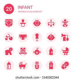 infant icon set. Collection of 20 filled infant icons included Diaper, Pacifier, Baby, Cot, Tricycle, Dummy, Baby boy, Breast pump, Carriage, Cry, Baby bottle, Stroller, Feeding bottle
