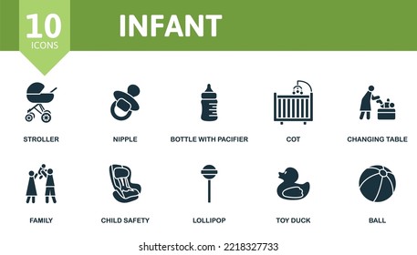 Infant icon set. Monochrome simple Infant icon collection. Stroller, Nipple, Bottle With Pacifier, Cot, Changing Table, Family, Child Safety, Lollipop, Toy Duck, Ball icon