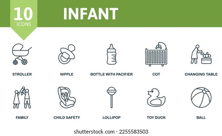 Infant icon set. Monochrome simple Infant icon collection. Stroller, Nipple, Bottle With Pacifier, Cot, Changing Table, Family, Child Safety, Lollipop, Toy Duck, Ball icon