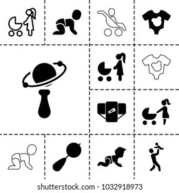 Infant icons. set of 13 editable filled and outline infant icons such as beanbag, diaper, woman with baby carriage