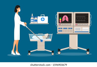 Infant incubator and neonatal intensive care with air temperature humidity oxygen sensor for sick babies. Neurology concept vector. Reanimation equipment for nursing premature newborns. 