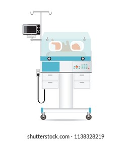 Infant Incubator Technology With New Born Baby In A Medical Center Hospital, Baby Incubator Vector Illustration.