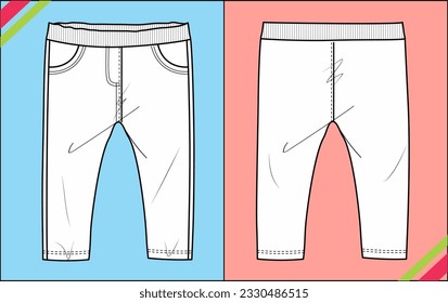 INFANT KIDS BOTTOM JOGGER, SIDE POCKET, FRONT AND BACK VIEW SKETCH FASHION TEMPLATE TECHNICAL ILLUSTRATION