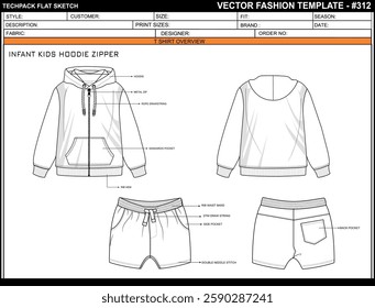 INFANT KIDS HOODIE ZIPPER DRAWING SKETCH FASHION TEMPLATE TECHNICAL DRAWING ILLUSTRATION