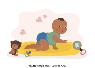 Infant learning to crawl, baby development. First year, baby learn to focus their vision, reach out, explore, and learn about things that are around them. Cognitive or brain development. Flat vector