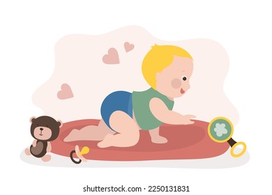 Infant learning to crawl, baby development. First year, baby learn to focus their vision, reach out, explore, and learn about things that are around them. Cognitive or brain development. Flat vector