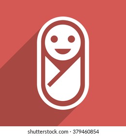 Infant long shadow vector icon. Style is a flat light symbol with rounded angles on a red square background.