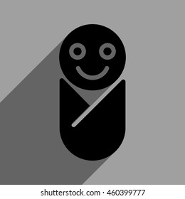 Infant long shadow vector icon. Style is a flat infant black iconic symbol on a gray square background with longshadow.