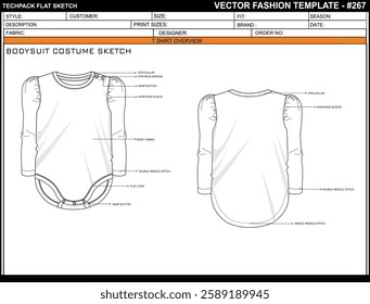 INFANT NEW BORN BODYSUIT SLEEPSUIT RUFFLE FULL SLEEVE ROMPER SKETCH FASHION TEMPLATE TECHNICAL DRAWING ILLUSTRATION