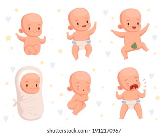 Infant new born. Toddler babies activity cute cheerful characters nowaday vector cartoon set