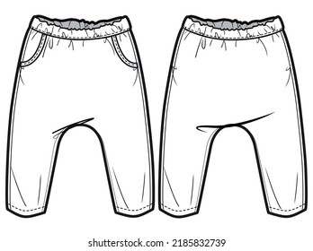 Pant de bebé recién nacido, vista frontal y posterior de corte de pañales. vector de ilustración de moda, CAD, dibujo técnico, plano plano.	