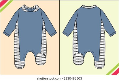 INFANT NEWBORN JUMPSUIT, ROMPER, SLEEPSUIT, WINTER SUIT, POLKA DOT FRONT AND BACK VIEW SKETCH FASHION TEMPLATE TECHNICAL ILLUSTRATION