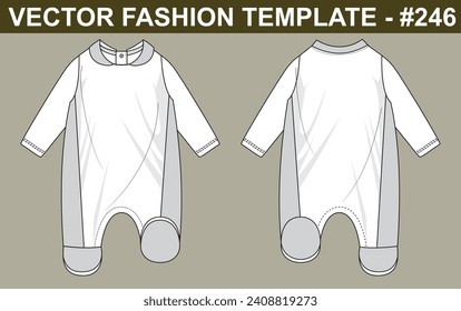 INFANT NEWBORN JUMPSUIT, ROMPER, SLEEPSUIT, WINTER SUIT, POLKA DOT FRONT AND BACK VIEW SKETCH FASHION TEMPLATE TECHNICAL ILLUSTRATION