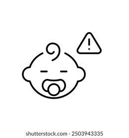 Infant with pacifier and exclamation mark security alert. Baby safety warning. Pixel perfect vector icon