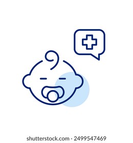 Infant with pacifier, message and cross. Remote healthcare service for young mothers. Pediatrics. Pixel perfect, editable stroke icon