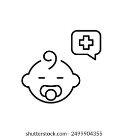 Infant with pacifier, message and cross. Remote healthcare service for young mothers. Pediatrics. Pixel perfect vector icon