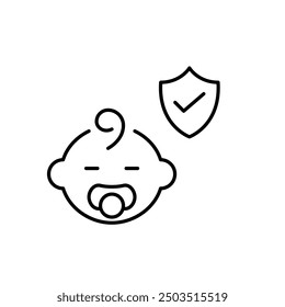 Infant with pacifier, shield and checkmark. Secure baby essentials, child friendly products and services. Pixel perfect vector icon