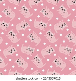 Infant pattern with cute cats. Cartoon kittens hand drawn on pink background for prints of children's fabrics. Pink seamless texture for baby girls textile. Nice animal characters. Kindergarten pets.