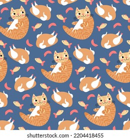 Infant pattern with fat striped cat. Animal seamless pattern on pale blue background. Cute tabby red pet with white tummy, fried chicken, sausage, fish for print of children's fabric, textile, cover. 