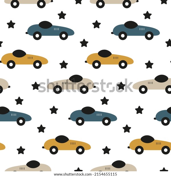 Infant pattern with racing cars. Babyish transport for seamless print of cute baby fabric in scandinavian style. Cartoon vehicle, star for baby boy, textile wear. Cute nursery wallpaper. Flat vector.