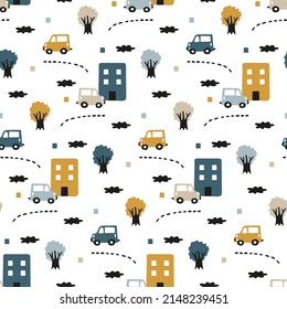 Infant pattern in scandinavian style with city cars. Light seamless texture with hand-drawn city, nice transport for babies. Beige, light brown, gray vehicles on white background for children's print.