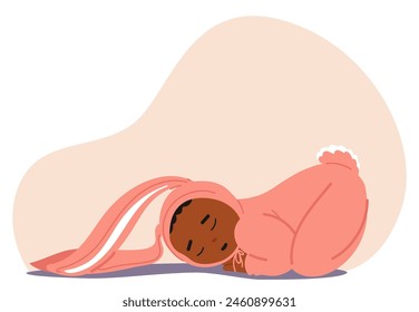 Bebé En Un Traje De Conejito Rosa, Sueno Dormido Con Un Fondo Reconfortante, Transmitiendo Inocencia, Infancia Y Tranquilidad. Sleepy Baby Character Heartwarming Cartoon Personas Ilustración vectorial