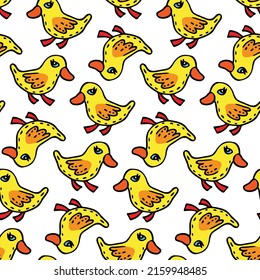 Impresión infantil con patos amarillos. Patrón con aves de granja sobre fondo blanco. Papel de paredes sin foco con animales de rancho de dibujos animados para viveros. Imagen vectorial para tejidos recién nacidos, textiles dulces, ropa. 