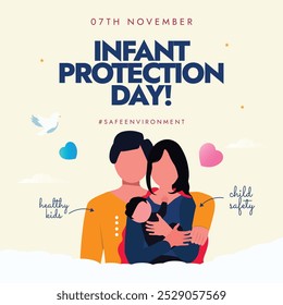 Día de Protección Infantil. 7 de noviembre Anuncio de celebración del Día del Niño con los padres sosteniendo a su bebé. El día es para crear conciencia sobre la importancia del cuidado del bebé, especialmente durante los primeros años