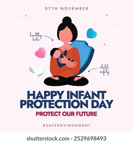 Día de Protección Infantil. 7 de noviembre Anuncio de celebración del día del bebé con la madre sosteniendo a su bebé. El día es para crear conciencia sobre la importancia del cuidado del bebé, especialmente durante los primeros años