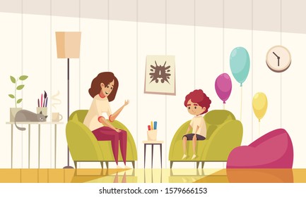 Infant psychologist child counselling session in informal cozy office interior with balloons plant cat flat vector illustration  