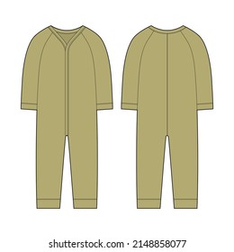 Infant romper. Baby body wear mock up. Onesie with a long sleeves. Children bodysuit. Technical sketch. Olive green color. Underwear outline CAD design. Front and back. Vector illustration