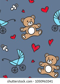 infant seamless pattern with hand-drawn Teddy bear pattern, baby stroller, nipples and hearts for your banner, greeting card, fabric pattern. Vector illustration