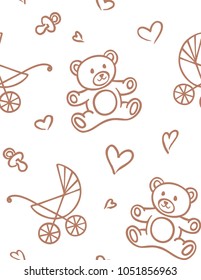 infant seamless pattern with hand-drawn Teddy bear pattern, baby stroller, nipples and hearts for your banner, greeting card, fabric pattern. Vector illustration