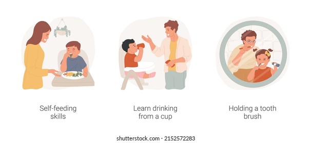 Infant self-care skills isolated cartoon vector illustration set. Self-feeding skills, learn drinking from a cup, holding a tooth brush, learning personal hygiene, daycare center vector cartoon.