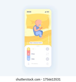 Planilla vectorial de interfaz de smartphone para bebé durmiendo en la cama. Diseño de diseño morado de la página de la aplicación móvil. Niño durmiendo. IU plana para la aplicación. Niñito, chica que duerme cuenta. Pantalla de teléfono