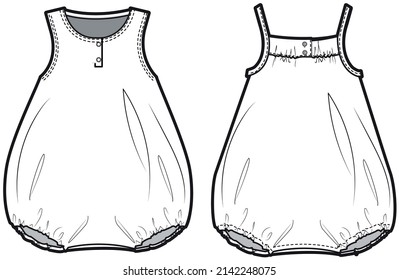 Infant Sleeveless Romper, Infant Strap Romper Front and Back View. fashion illustration vector, CAD, technical drawing, flat drawing.	