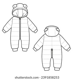 Infant snowsuit flat sketch vector illustration technical CAD drawing template. Baby outerwear warm winter-autumn clothes. Baby snowsuit design vector illustration.