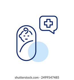 Infant in a swaddle, message and cross. Remote healthcare service for newborns. Pediatrician consultation in telemedicine. Pixel perfect, editable stroke icon