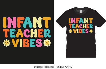 Bebé Profesor Vibes, traje de regreso a la escuela para que el profesor use en el primer día de escuela Volver a la escuela colorido tipografía Vector diseño de la camiseta. Listo para el cartel de vacaciones, impresión, Anuncio, fondo