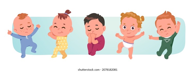 Infant toddler babies set. Cute asleep baby boys, girls children wearing sleepsuits. Little newborn sleeping lying in different positions. Cartoon kid characters flat isolated vector illustration