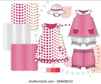 Infant Toddler Girls' fashion Illustration with repeat patterns / Three patterns saved in Pattern Swatch for textile and paper product / Isolated vector flat sketches and design elements in layers