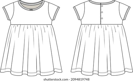 INFANT AND TODDLER WEAR BODYSUIT AND DRESS WITH SHORT SLEEVE FRONT AND BACK FLAT SKETCH VECTOR