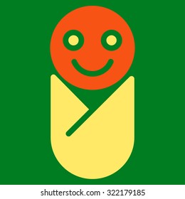 Infant vector icon. Style is bicolor flat symbol, orange and yellow colors, rounded angles, green background.